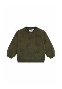 Sudadera verde oliva con patrones de dinosaurios negros, puños y borde acanalados, y botones a presión en los hombros para facilitar el vestirse. Material suave de algodón.