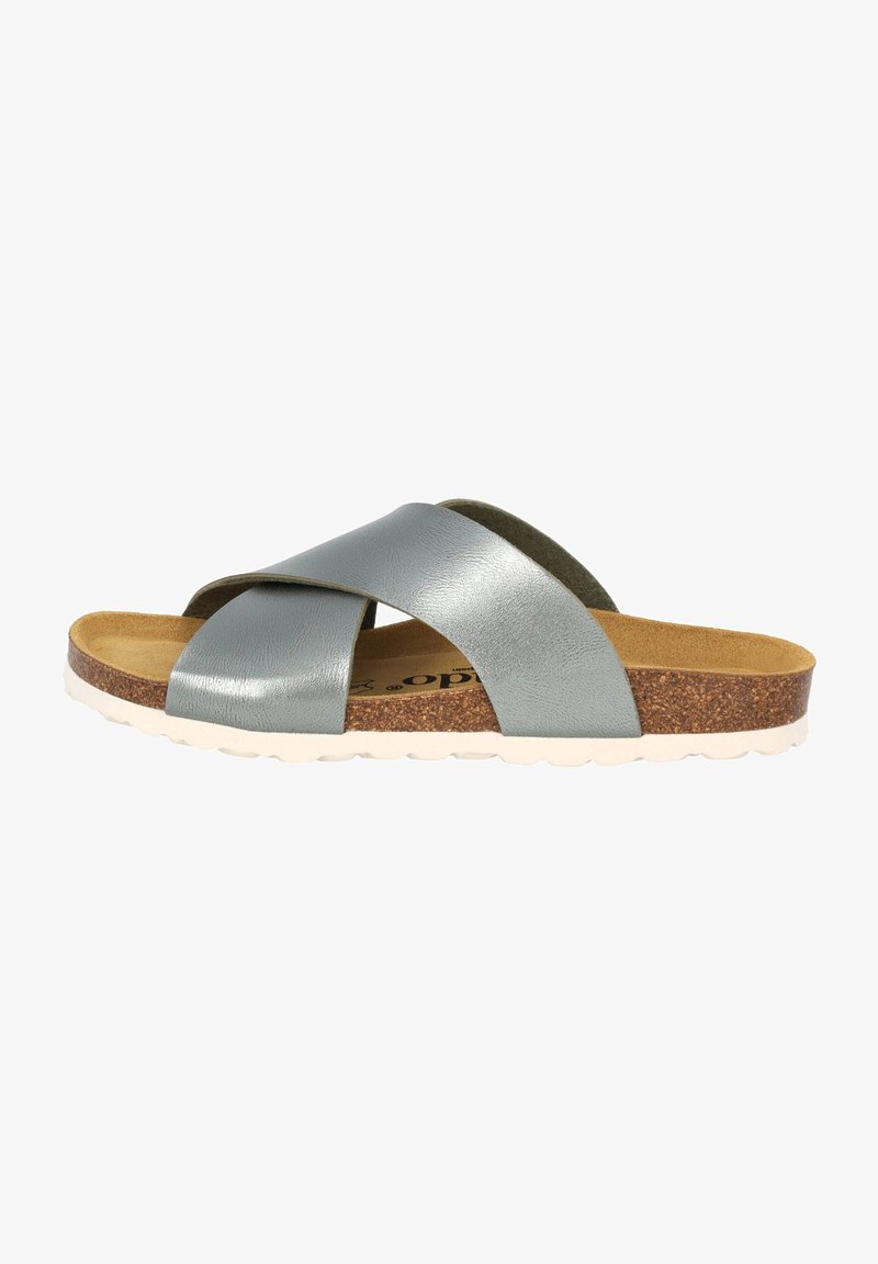 Sandale à glissière avec larges brides croisées en cuir argenté, semelle intérieure en liège, semelle intérieure en daim beige et semelle extérieure en caoutchouc blanc texturé.
