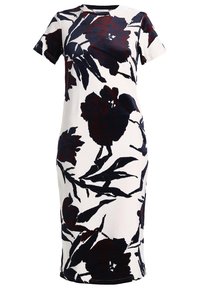 Kwiatowa sukienka midi w kolorze kremowym z dużymi ciemnoczerwonymi i granatowymi wzorami kwiatowymi, okrągłym dekoltem, krótkimi rękawami i dopasowanym krojem.