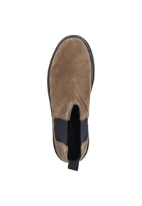 Braune Wildleder-Stiefeletten mit elastischen Seitenpaneelen, einer abgerundeten Zehenpartie und einer schwarzen Gummisohle. Mit einer Zuglasche an der Rückseite für ein einfaches Anziehen.