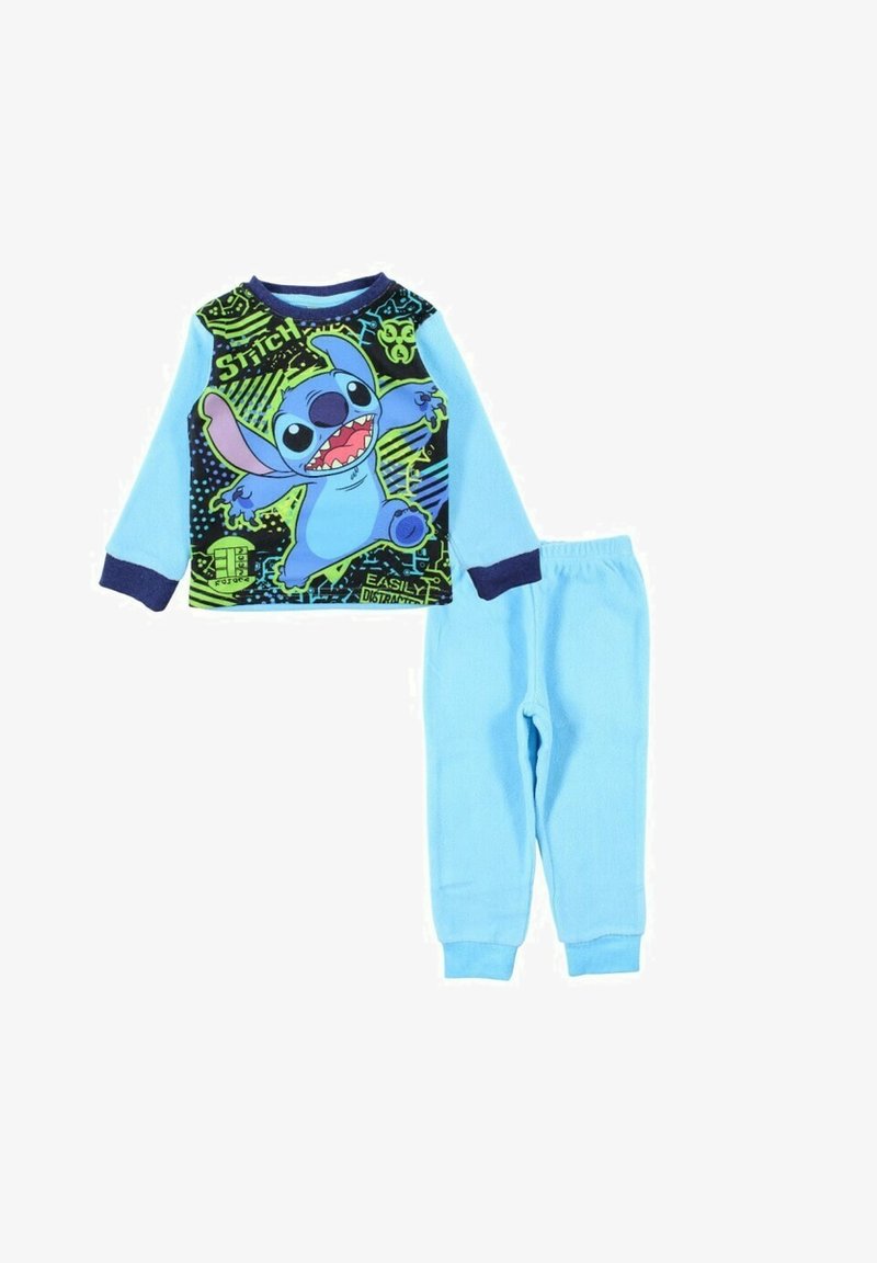 Ensemble de pyjama pour enfants comprenant un haut à manches longues bleu avec un motif Stitch et des accents noir-vert, associé à un pantalon bleu clair à taille élastique.
