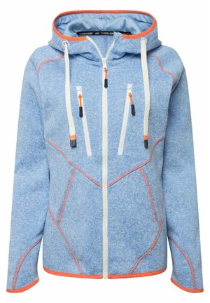 Modrá fleecová bunda s oranžovými akcenty, plný zip, dvě přední kapsy na zip, nastavitelná kapuce a kontrastní švy.