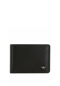 Portefeuille noir en cuir bifold avec une couture soignée et un petit emblème argenté dans le coin inférieur droit sur fond blanc.