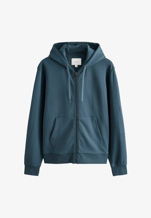 Teal zip-up hoodie gemaakt van zacht materiaal, met een trekkoord capuchon, twee voorzakken en geribbelde manchetten. Glad textuur met een eenvoudig ontwerp.