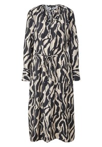 Langärmliges Kleid in beigem und schwarzem abstraktem Muster, mit einem gerafften Ausschnitt, Taillengürtel und einer geraden, fließenden Silhouette.