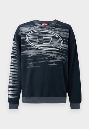 Navy sweatshirt made from soft fabric, featuring a gray abstract pattern, large oval logo, and text "FOR SUCCESSFUL LIVING" on the sleeve.