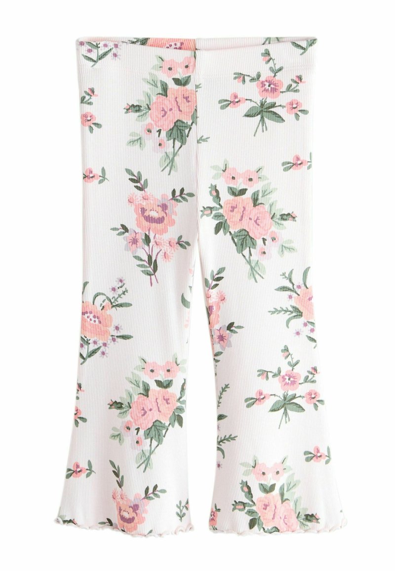 Fehér bordázott leggings virágmintával, rózsaszín és lila rózsákkal, zöld levelekkel, valamint fodros alsó szegéllyel.