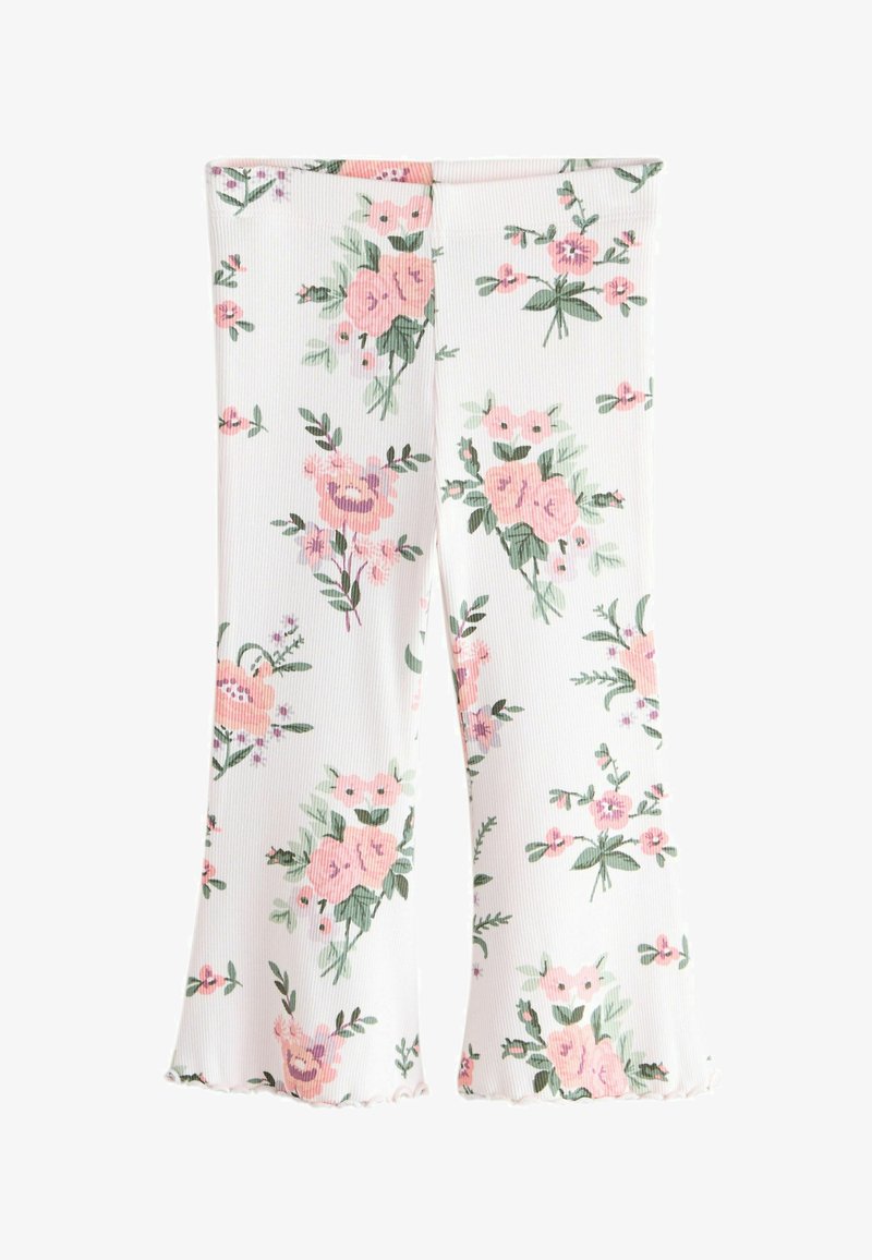 Fehér bordázott leggings virágmintával, rózsaszín és lila rózsákkal, zöld levelekkel, valamint fodros alsó szegéllyel.