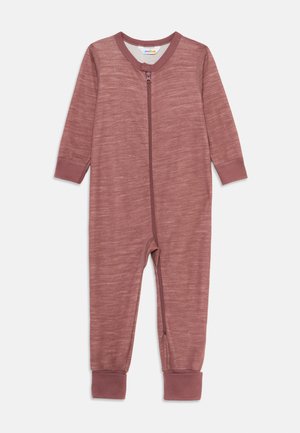 Ilgi piedurkņu mauve krāsa mazuli romperis ar priekšējo rāvējslēdzēju un spiedpogu uz apkakles, riboti aproču galu un potīšu galiem.