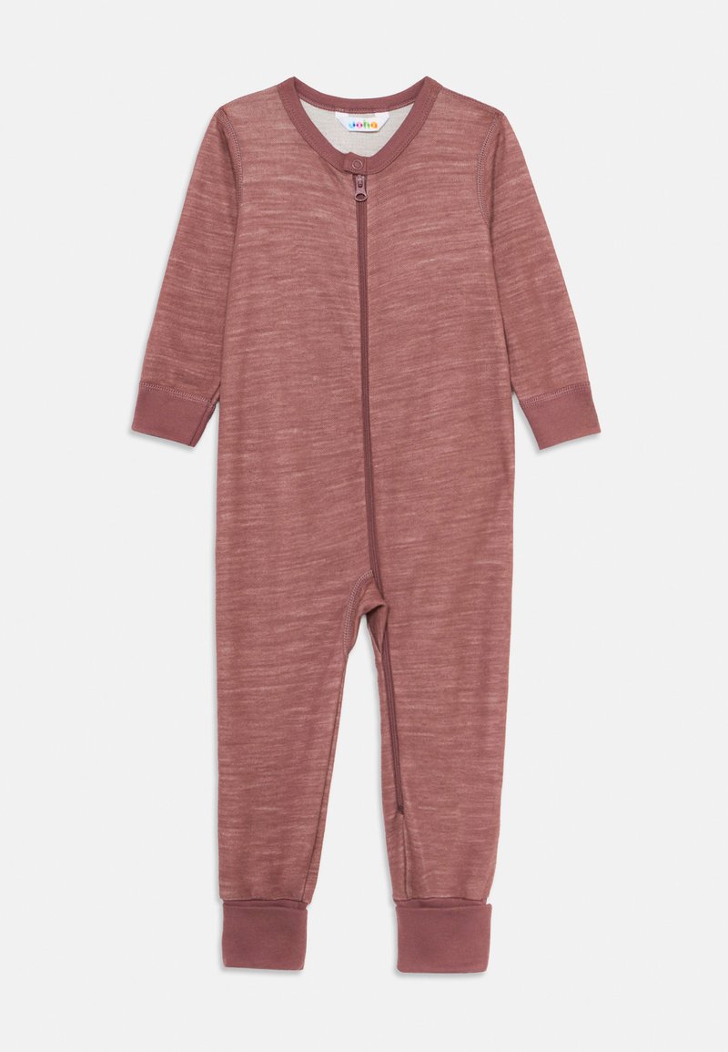 Ilgų rankovių mauve spalvos kūdikio romperis su priekiniais užtrauktukais ir spaudėmis mygtukais apykaklėje, fenšūruoti rankogaliai ant rankovių ir kulkšnių.