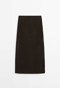 Schwarzer knielanger Bleistiftrock mit strukturiertem, offen gestricktem Muster, aus leichtem Material gefertigt, mit taillierter Silhouette und Saumabschluss.