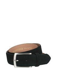 Zwarte suède riem met een zilverkleurige metalen gesp. Voorzien van een gladde leren voering, gestikte randen en een merkinscriptie aan de binnenkant.