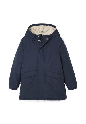 Marineblaue Jacke mit Kapuze, ausgestattet mit einem weichen, beigen Fleecefutter, mit Reißverschluss vorne und zwei horizontalen Vorder-Taschen; elastische Bündchen.