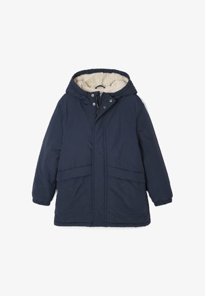 Marineblaue Jacke mit Kapuze, ausgestattet mit einem weichen, beigen Fleecefutter, mit Reißverschluss vorne und zwei horizontalen Vorder-Taschen; elastische Bündchen.