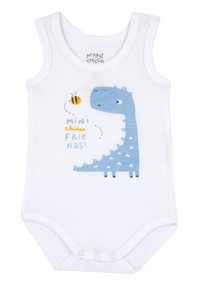 Vit bomullsärmlös bodysuit med ett blått dinosauriemönster med hjärtan och en geting, texten lyder "mini friends," med tryckknappsstängning i botten.