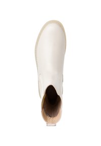 Bottine en cuir blanc avec panneaux latéraux élastiques, bout rond et semelle claire. L'intérieur présente une doublure texturée douce.
