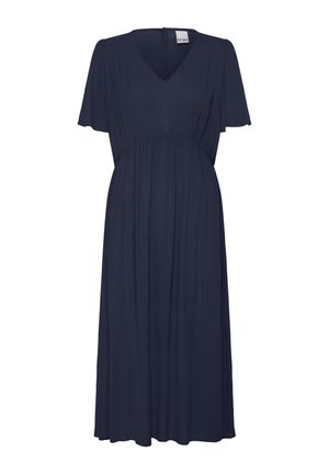 Tumesinine midi-kleit, millel on V-kaelus, lühikesed lehvivad varrukad, kogutud vöökoht ja voogav põlvpikk seelik, kaelusel siseküljel silt "ICHI".