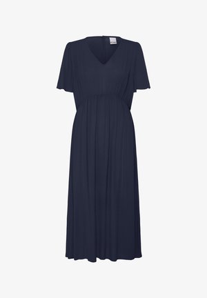 Tumesinine midi-kleit, millel on V-kaelus, lühikesed lehvivad varrukad, kogutud vöökoht ja voogav põlvpikk seelik, kaelusel siseküljel silt "ICHI".