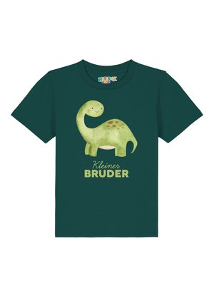 Ciemnozielona dziecięca koszulka z uśmiechniętym zielonym dinozaurem i niemieckim tekstem "Kleiner Bruder", oznaczającym "Little Brother."