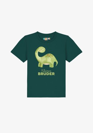 T-shirt enfant vert foncé avec un dinosaure vert souriant et texte allemand "Kleiner Bruder" signifiant "Little Brother."