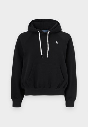 Hanorac negru cu glugă, șnururi albe, buzunar cangur, manșete striate și logo mic alb Polo Ralph Lauren pe pieptul stâng.