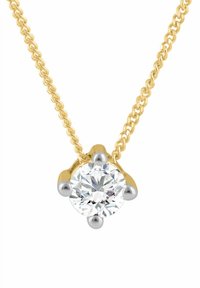 Zlatý náhrdelník s okrúhlym, priehľadným drahokamom zasadeným v dizajne so žltým zlatom a striebornými držiakmi, doplnený o štyri strieborné akcenty.