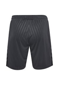 Svarta atletiska shorts med elastisk midjeresår, som har ett vertikalt ränder mönster och sidodetaljer i en kontrasterande färg.