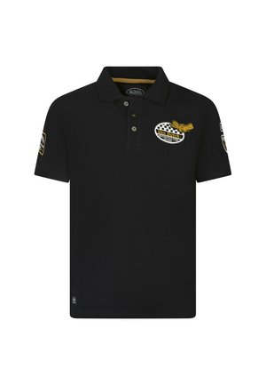 Polo shirt noir en coton, avec un accent jaune, des boutons au col et des logos brodés sur la poitrine et la manche.