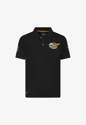 Polo shirt noir en coton, avec un accent jaune, des boutons au col et des logos brodés sur la poitrine et la manche.
