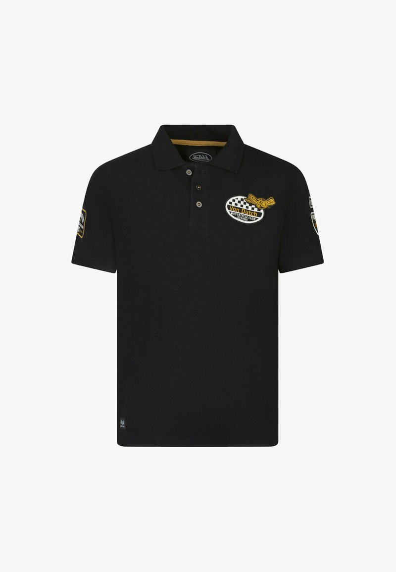 Polo shirt noir en coton, avec un accent jaune, des boutons au col et des logos brodés sur la poitrine et la manche.