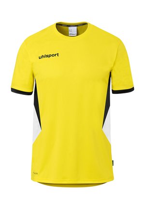 Yellow short-sleeve sports jersey with black and white side panels and black "uhlsport" logo on the chest.