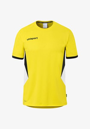 Gelbes Sporttrikot mit kurzen Ärmeln, schwarzen und weißen seitlichen Einsätzen sowie schwarzem "uhlsport"-Logo auf der Brust.