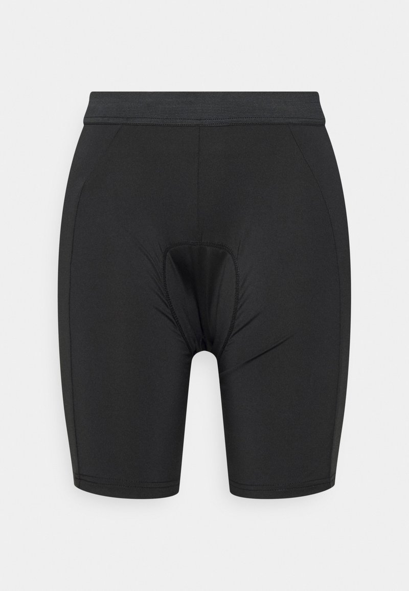 Shorts de cyclisme matelassés noirs avec taille élastique et détails de coutures, conçus pour le confort et la performance lors du vélo.