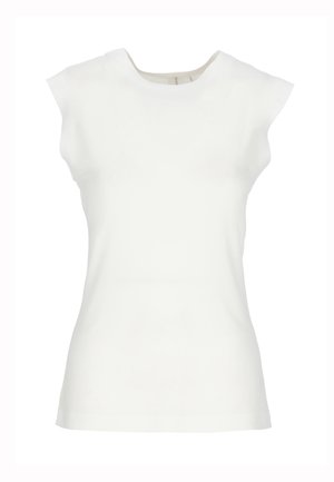 Top bianco aderente senza maniche con scollatura rotonda e leggere cuciture sulle spalle su uno sfondo neutro.
