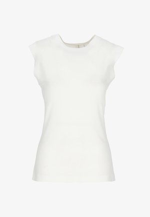 Top bianco aderente senza maniche con scollatura rotonda e leggere cuciture sulle spalle su uno sfondo neutro.