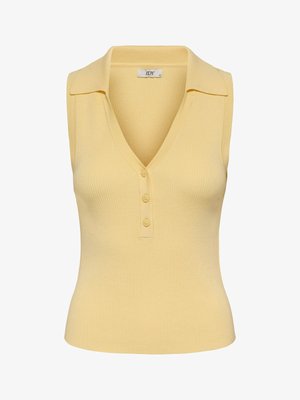 Ermeløs, blekgul, ribbestrikket topp med spiss krage og tre knapper på V-halsen.