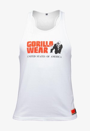 Balta bezpiedurkņu krekls ar uzrakstu "GORILLA WEAR" treknā oranžā krāsā, melna gorillas grafika un mazākā tekstā zemāk "UNITED STATES OF AMERICA".