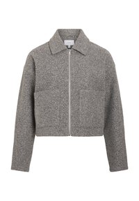 Przycięta szara wełniana kurtka z zamkiem błyskawicznym, kołnierzem i dwoma przednimi kieszeniami. Teksturowany materiał i luźny krój.