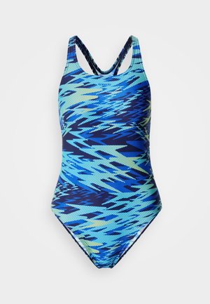 Viengabala peldkostīms ar spilgtu zilu un zaļu abstraktu rakstu. Izgatavots no elastīga materiāla ar sacīkšu aizmugures dizainu. Gluda tekstūra.