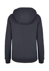 Donkergrijze hoodie met een ronde capuchon, lange mouwen en een geribbelde zoom. De stof lijkt glad met een effen kleur en geen zichtbare patronen.