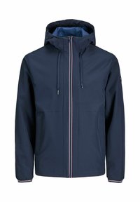 Navyblaue wasserdichte Jacke mit einem Frontreißverschluss, Kapuze mit Kordelzug und zwei seitlichen Taschen. Mit kontrastierenden roten und weißen Akzentstreifen.