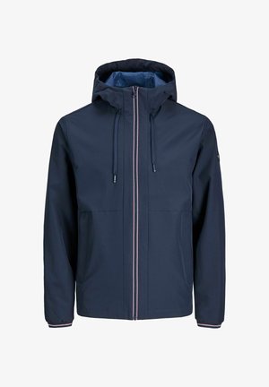 Granatowa wodoodporna kurtka z zamkiem błyskawicznym z przodu, kapturem na sznurku i dwoma bocznymi kieszeniami. Ozdobiona kontrastowymi czerwonymi i białymi paskami.