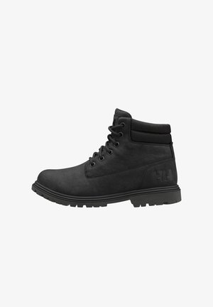 Black high-top lace-up boot with padded collar and rugged sole, side embossed with HH logo, designed for outdoor wear.