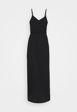 Robe longue noire sans manches avec fines bretelles et encolure en V, présentée sur un fond clair uni.