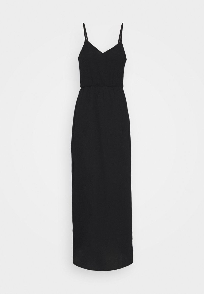 Robe longue noire sans manches avec fines bretelles et encolure en V, présentée sur un fond clair uni.