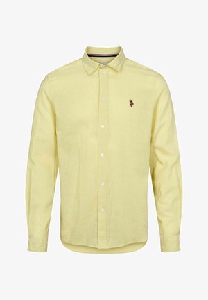 Heled kollane pikavarroline särk linakangast, millel on nupuga krae, esine nupud ja väike broderi logo rinnal.