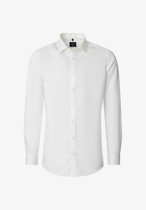 Weißes Herrenhemd mit langen Ärmeln, durchgehendem Knopfleistenverschluss, klassischem Kragen und Venti-Markenlabel auf der Innenseite des Kragens.