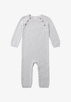 Lysegrå langærmet strikket babyromper med træknapper på skuldrene og ribbede manchetter ved ærmer og ankler.