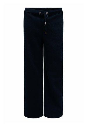 Pantalon noir à jambes larges avec taille élastique et cordon de serrage, motif embossé subtil sur le tissu.