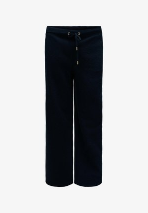 Pantalon noir à jambes larges avec taille élastique et cordon de serrage, motif embossé subtil sur le tissu.